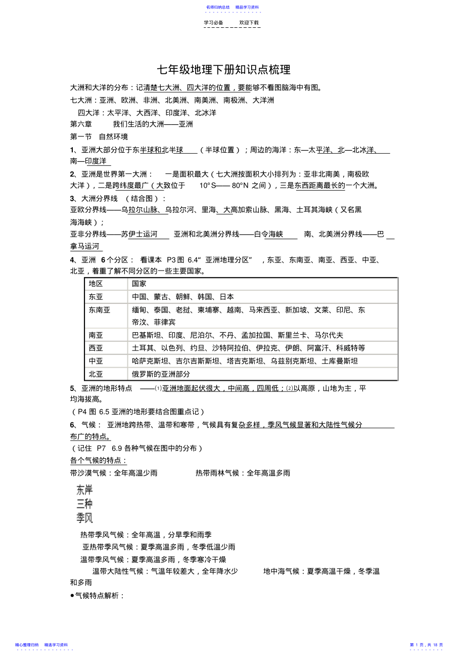 2022年七年级地理下学期知识点 .pdf_第1页