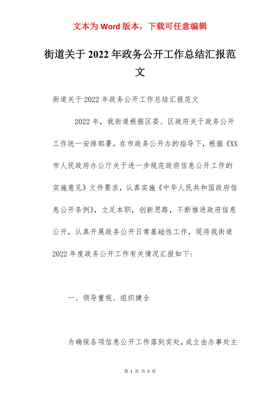 街道关于2022年政务公开工作总结汇报范文.docx_第1页