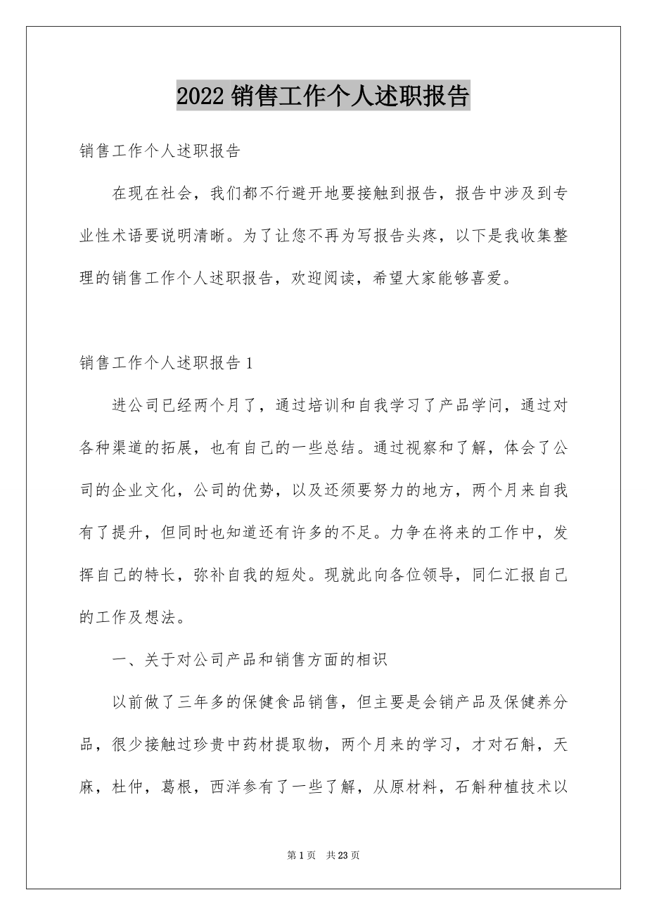 2022销售工作个人述职报告例文.docx_第1页