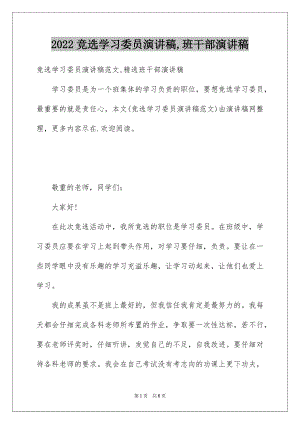 2022竞选学习委员演讲稿,班干部演讲稿.docx