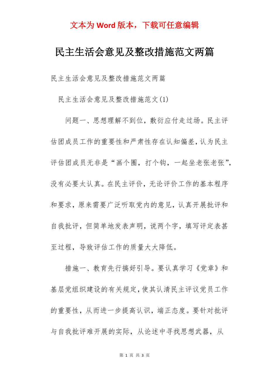 民主生活会意见及整改措施范文两篇.docx_第1页