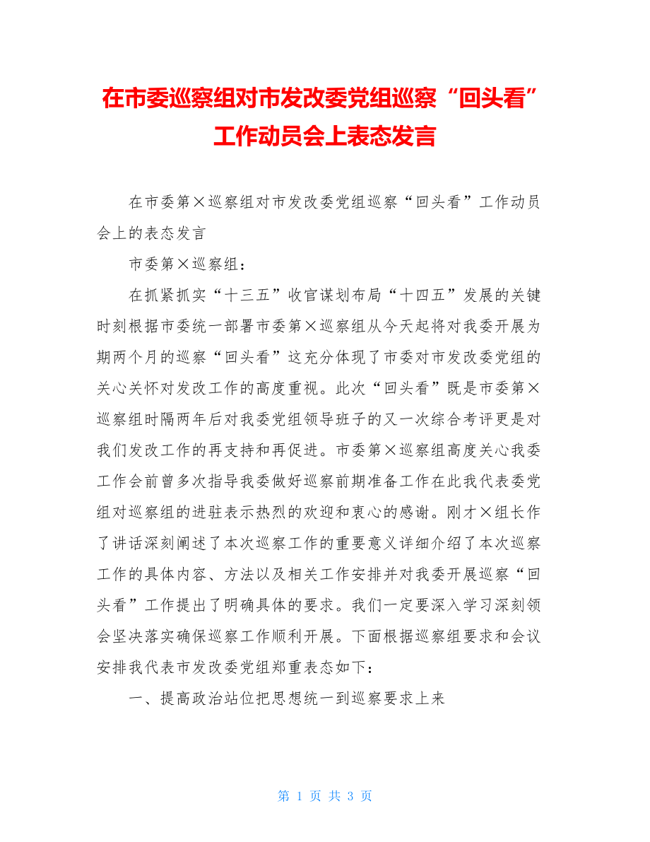 在市委巡察组对市发改委党组巡察“回头看”工作动员会上表态发言.doc_第1页