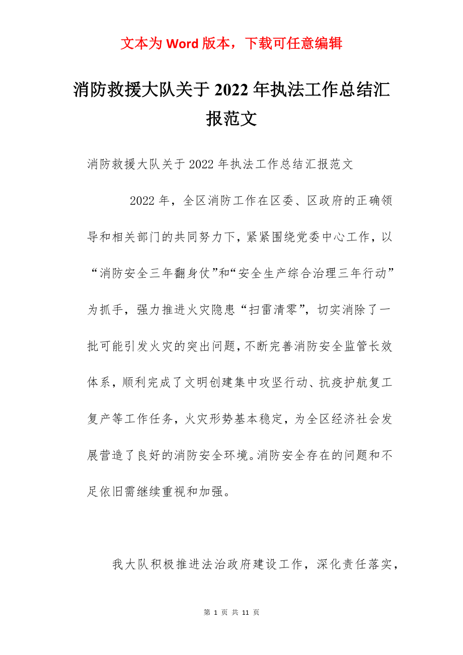 消防救援大队关于2022年执法工作总结汇报范文.docx_第1页