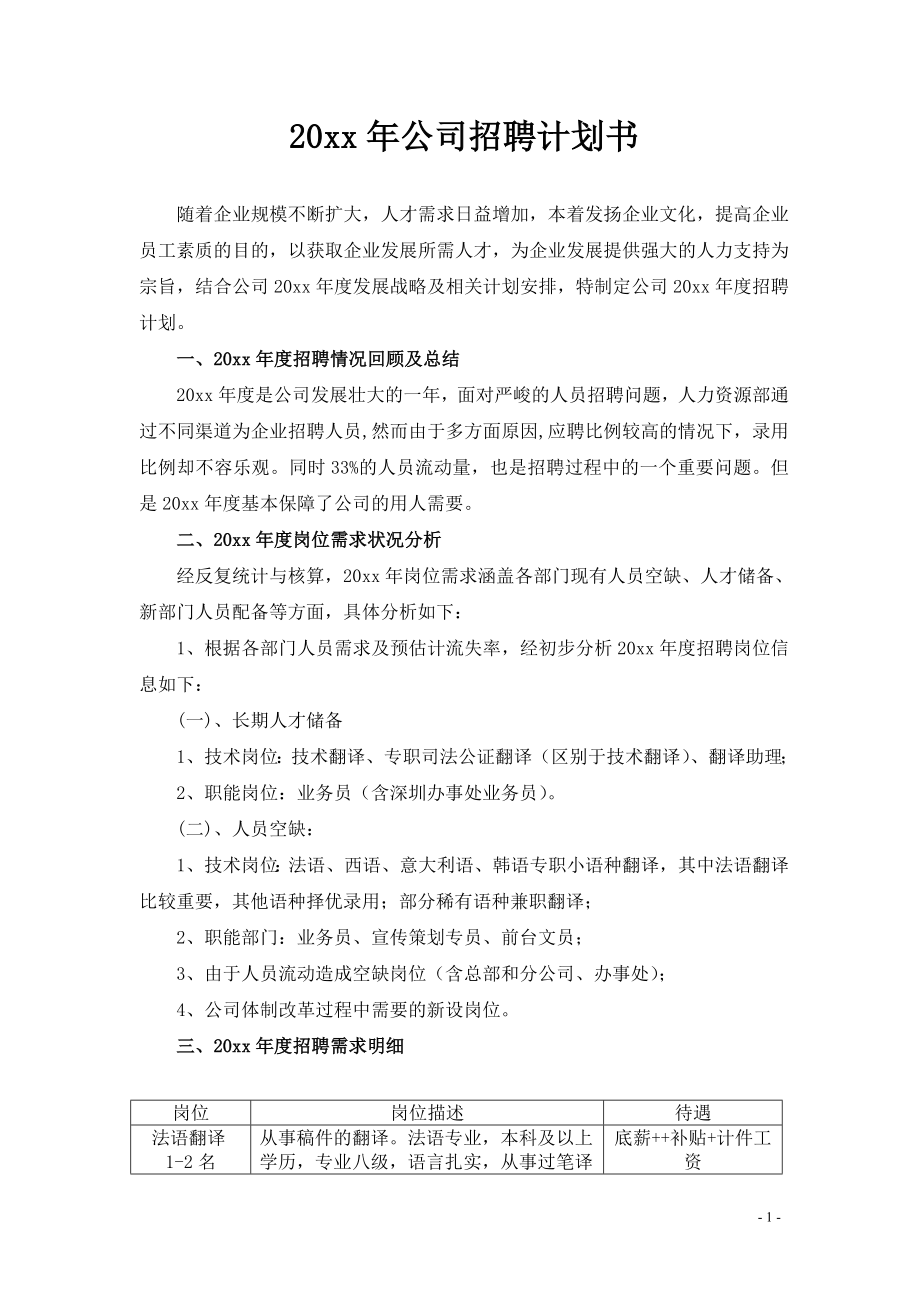 年度计划篇 公司招聘年度计划书.doc_第1页