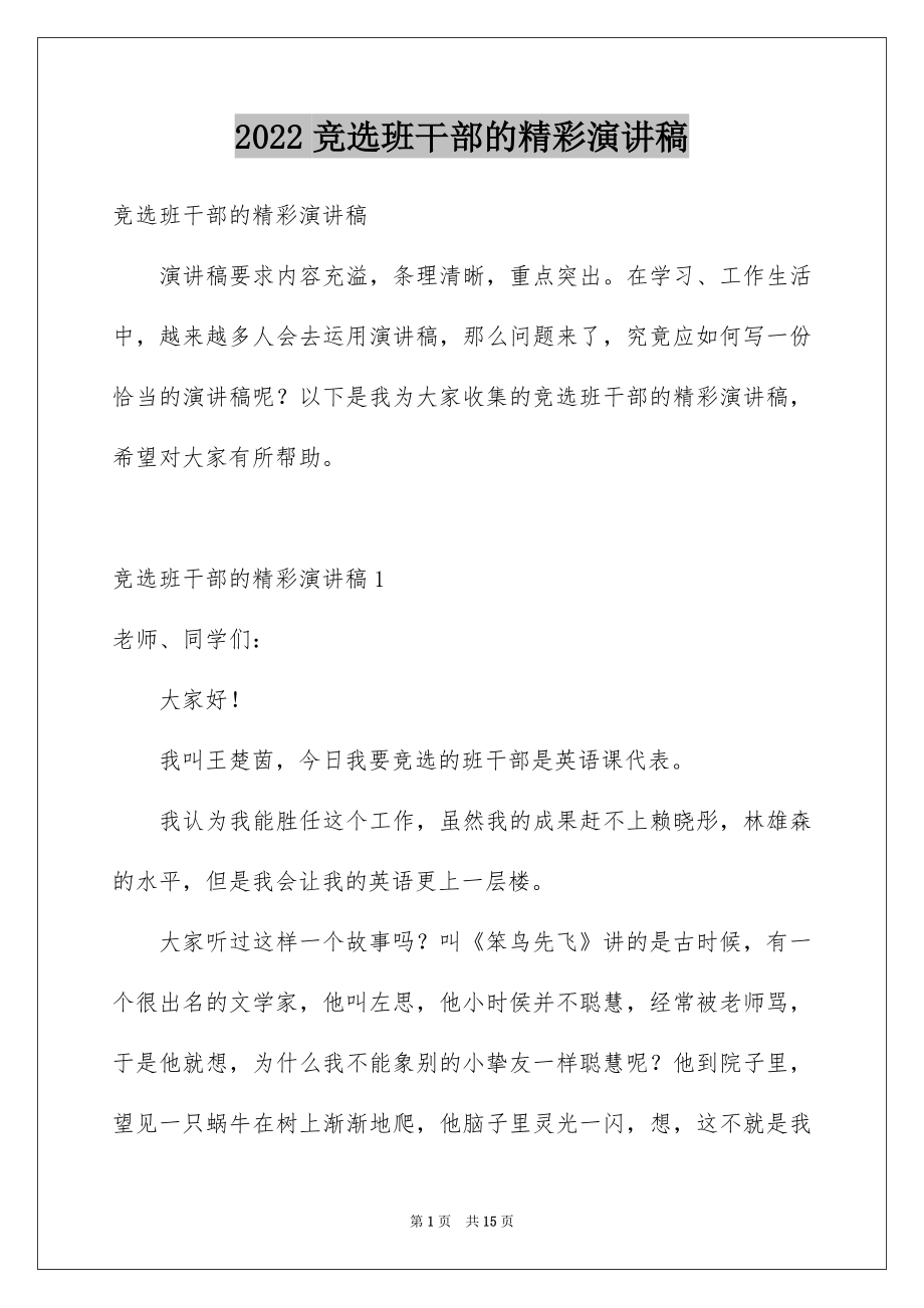 2022竞选班干部的精彩演讲稿精品.docx_第1页