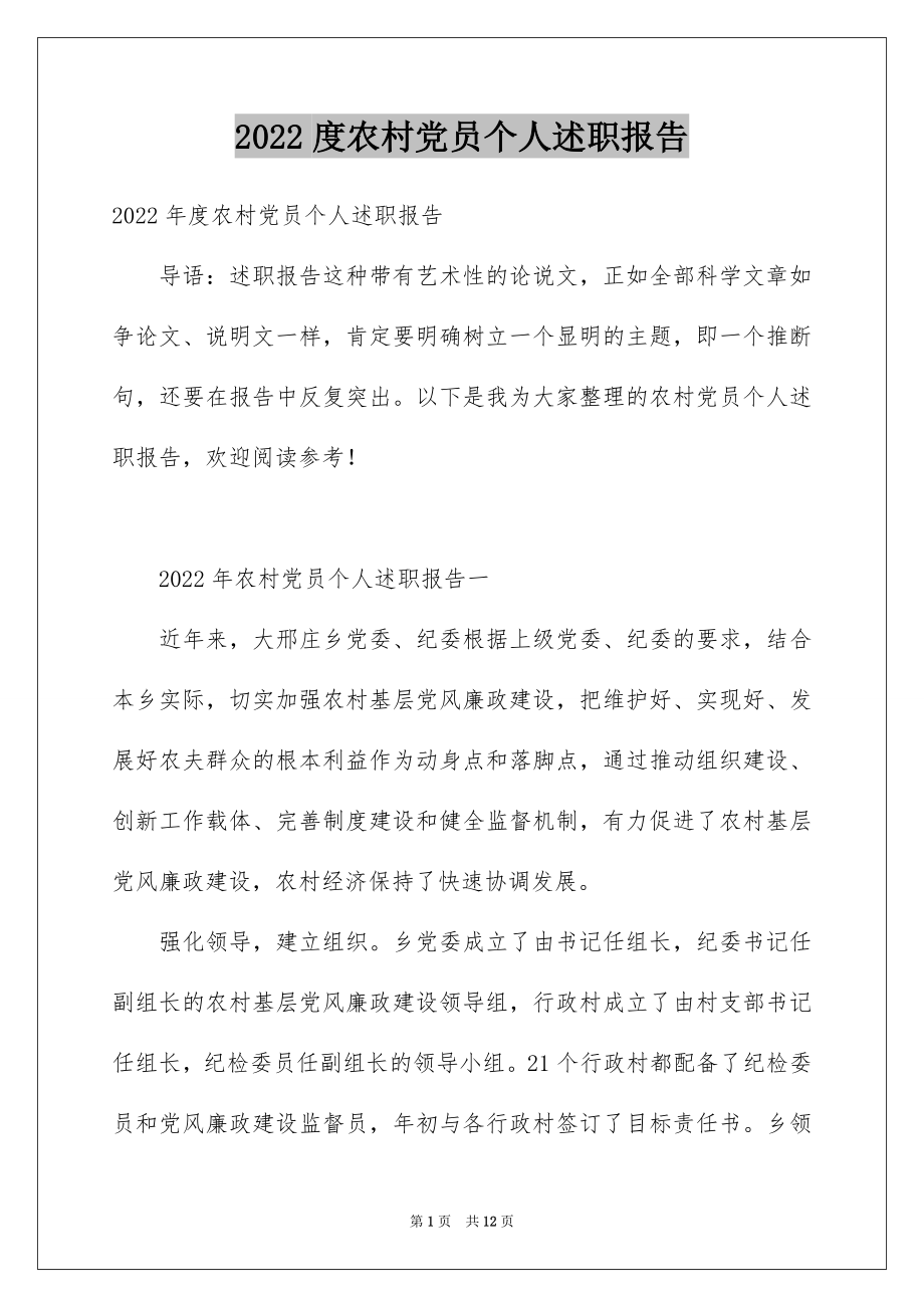 2022度农村党员个人述职报告.docx_第1页