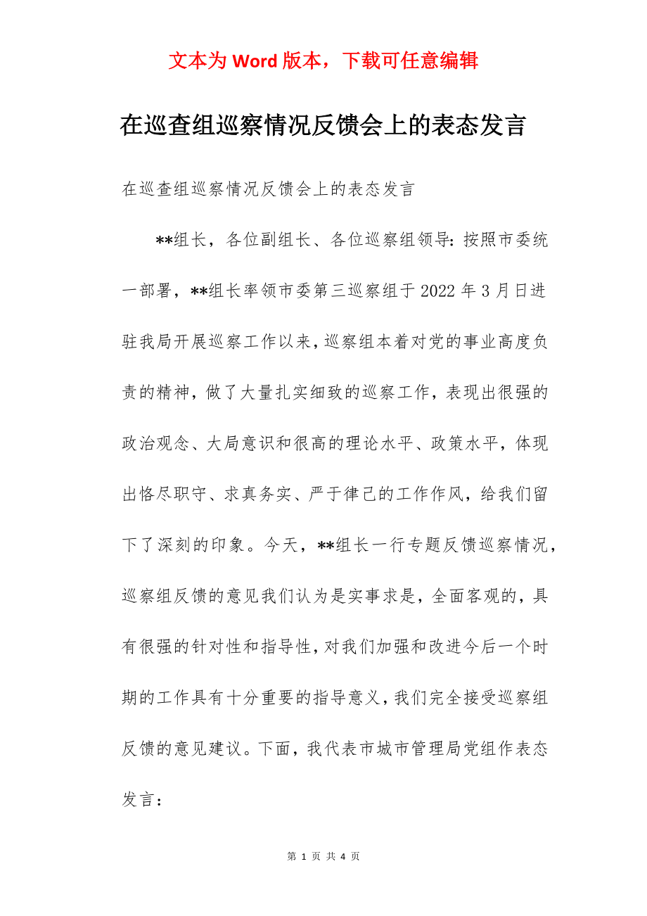 在巡查组巡察情况反馈会上的表态发言.docx_第1页