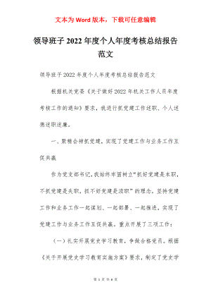 领导班子2022年度个人年度考核总结报告范文.docx