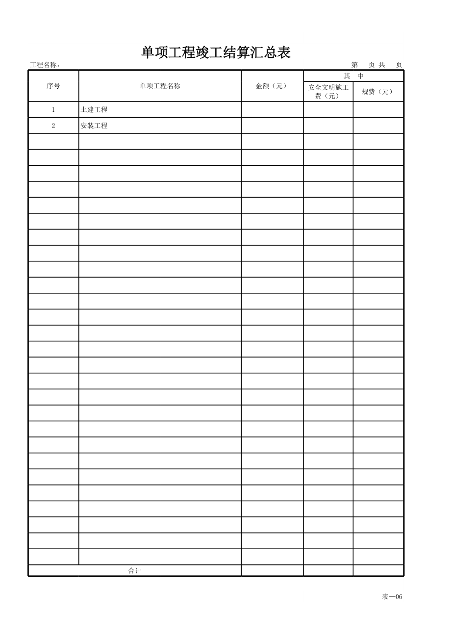 房地产工程建筑成本管理 工程项目成本控制必备知识 竣工结算表格模板 表—06 单项工程竣工结算汇总表.xls_第1页