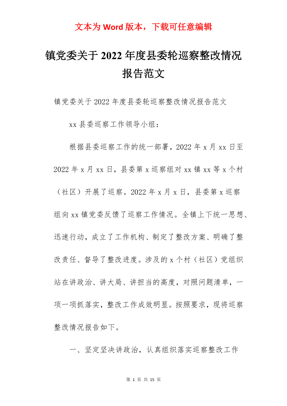 镇党委关于2022年度县委轮巡察整改情况报告范文.docx_第1页