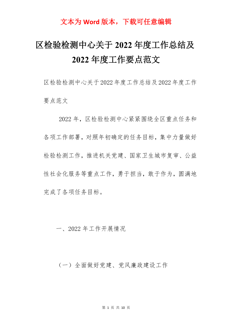 区检验检测中心关于2022年度工作总结及2022年度工作要点范文.docx_第1页