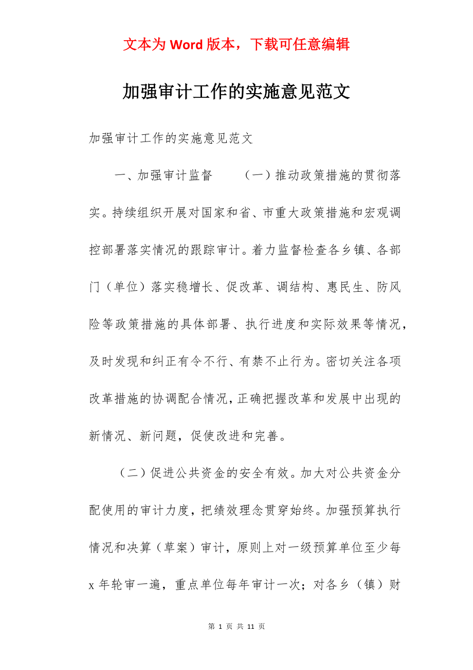 加强审计工作的实施意见范文.docx_第1页