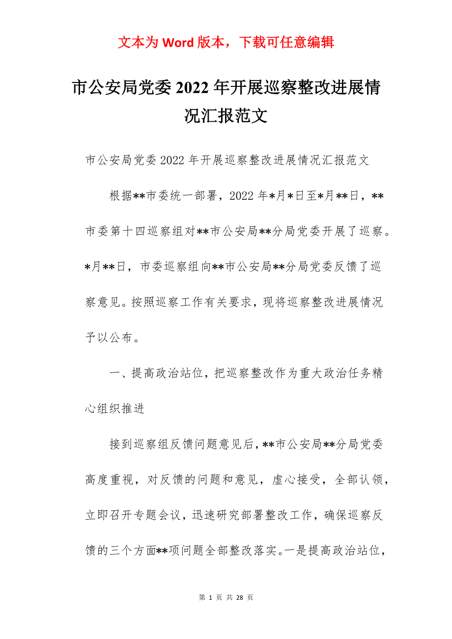 市公安局党委2022年开展巡察整改进展情况汇报范文.docx_第1页