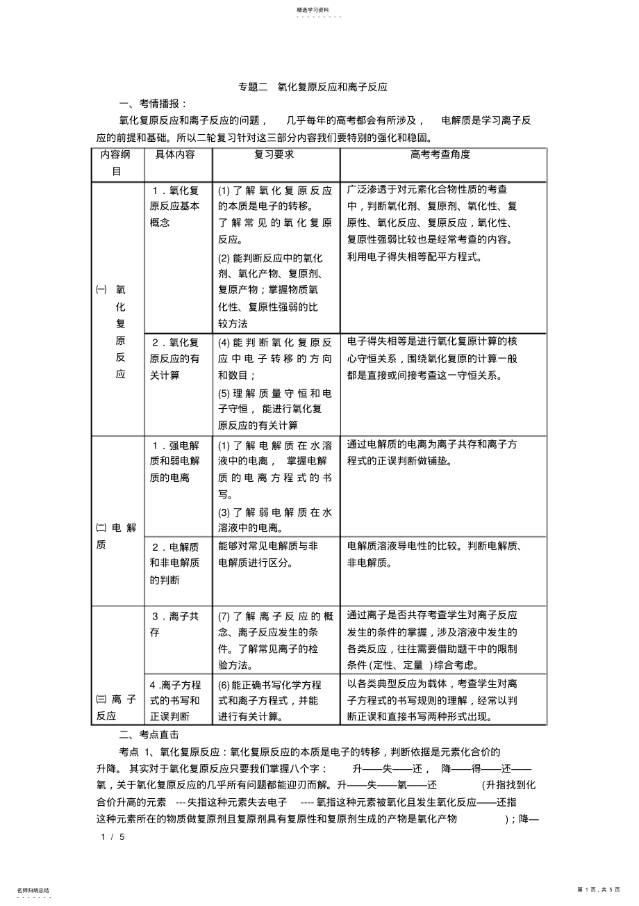 2022年氧化还原反应和离子反应的专题复习稿件 .pdf_第1页