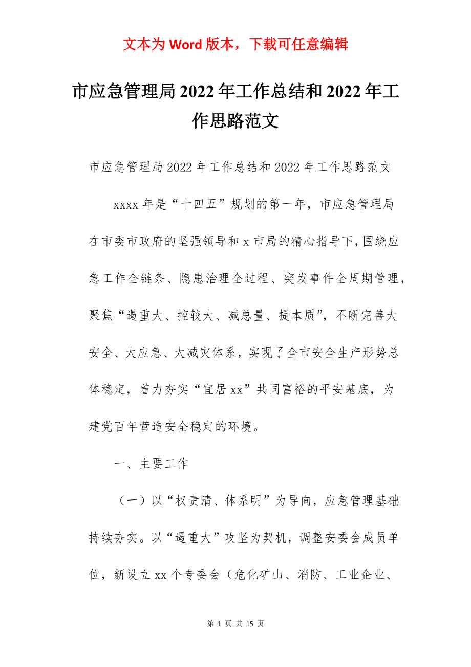 市应急管理局2022年工作总结和2022年工作思路范文.docx_第1页