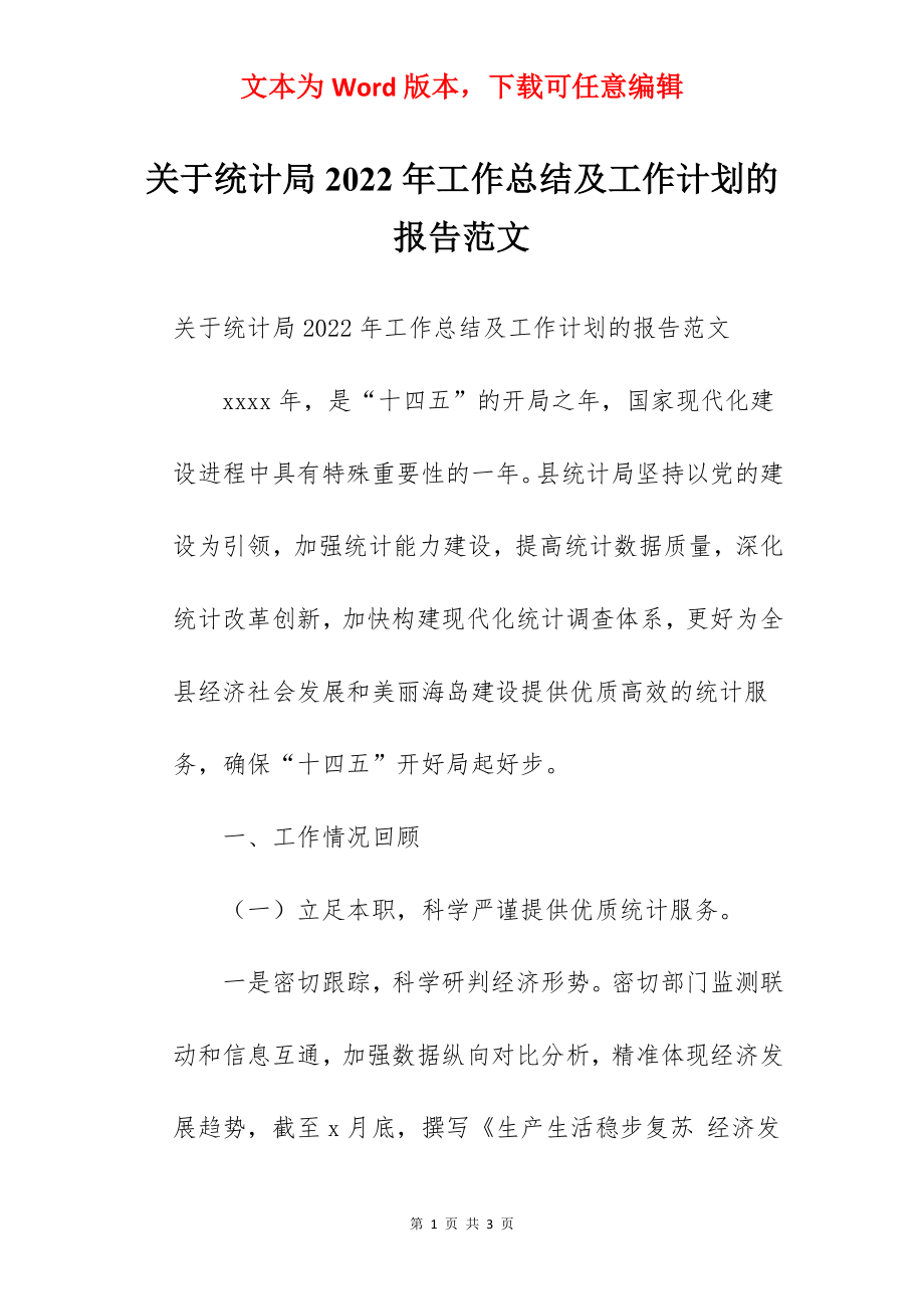 关于统计局2022年工作总结及工作计划的报告范文.docx_第1页