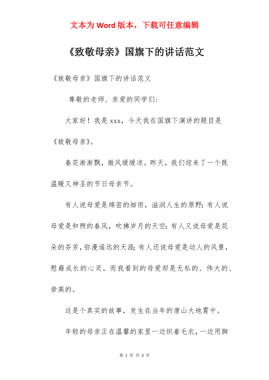 《致敬母亲》国旗下的讲话范文.docx_第1页