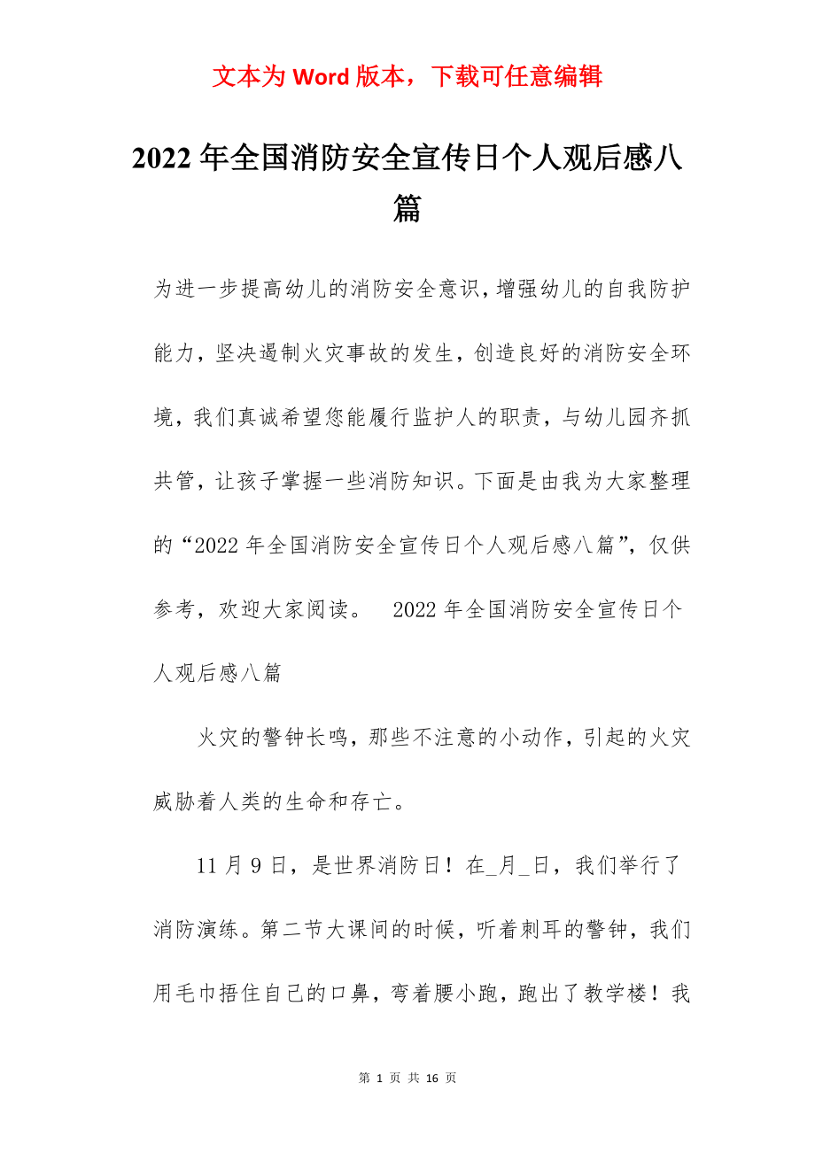 2022年全国消防安全宣传日个人观后感八篇.docx_第1页