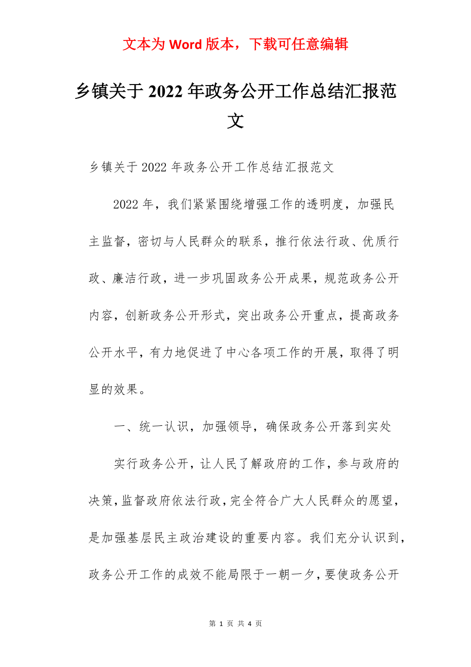 乡镇关于2022年政务公开工作总结汇报范文.docx_第1页