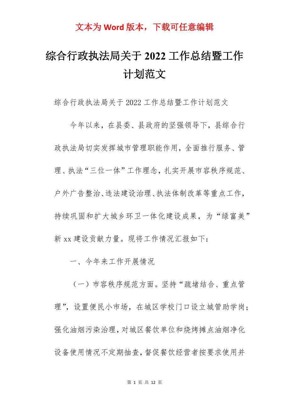 综合行政执法局关于2022工作总结暨工作计划范文.docx_第1页