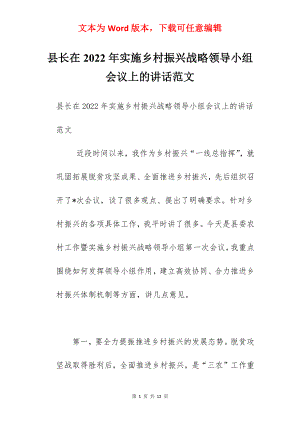 县长在2022年实施乡村振兴战略领导小组会议上的讲话范文.docx