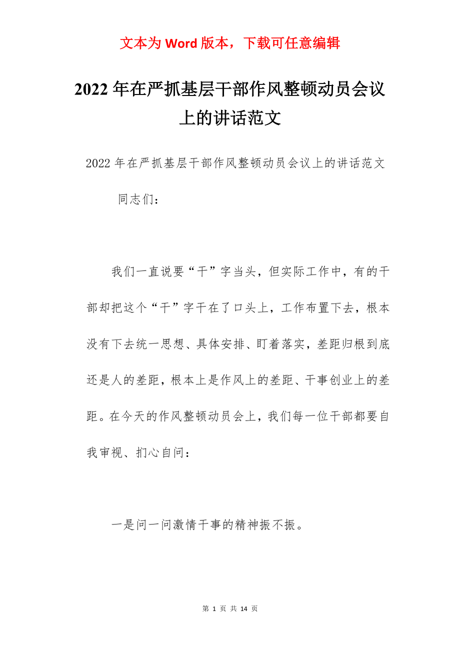 2022年在严抓基层干部作风整顿动员会议上的讲话范文.docx_第1页