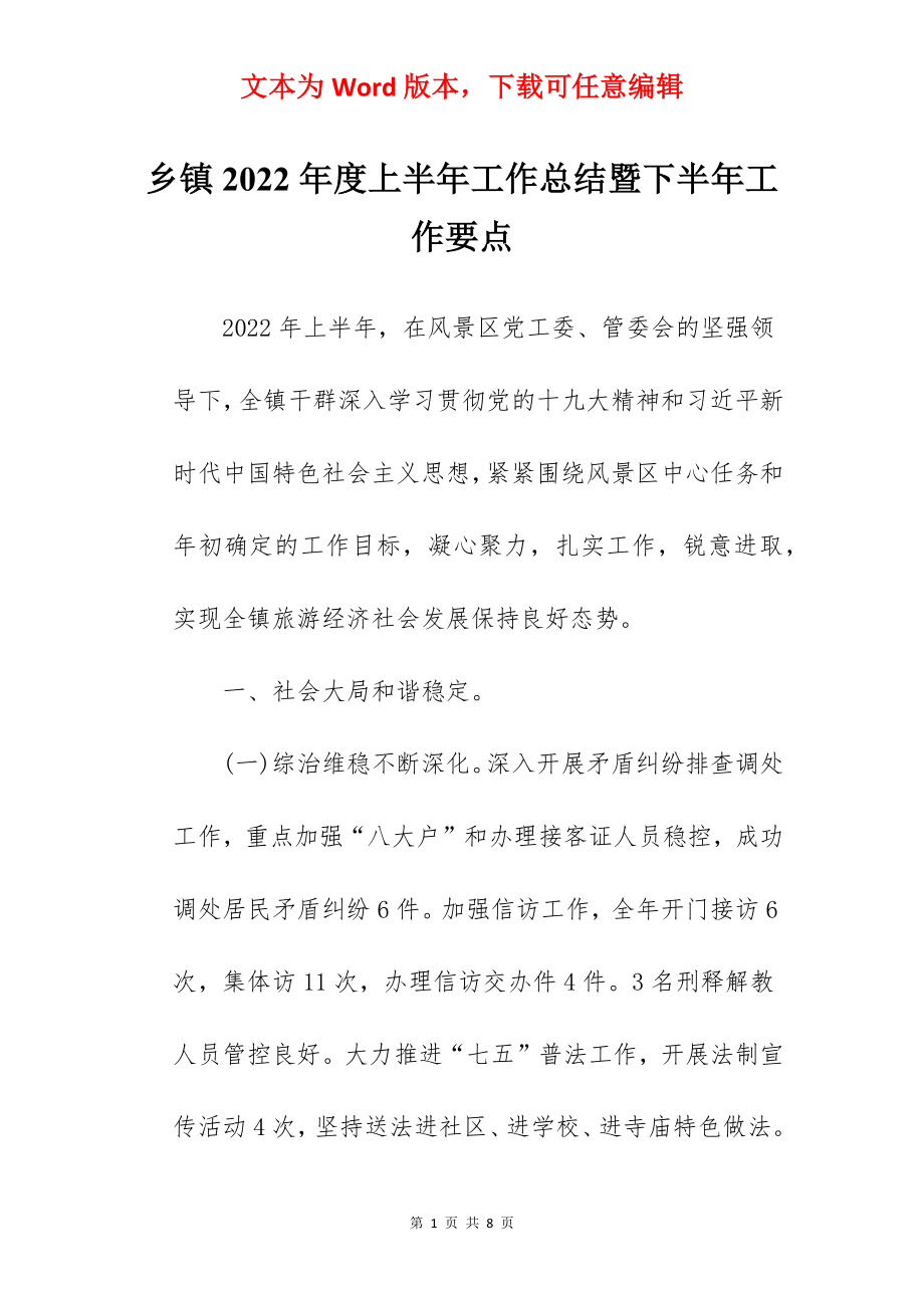 乡镇2022年度上半年工作总结暨下半年工作要点.docx_第1页