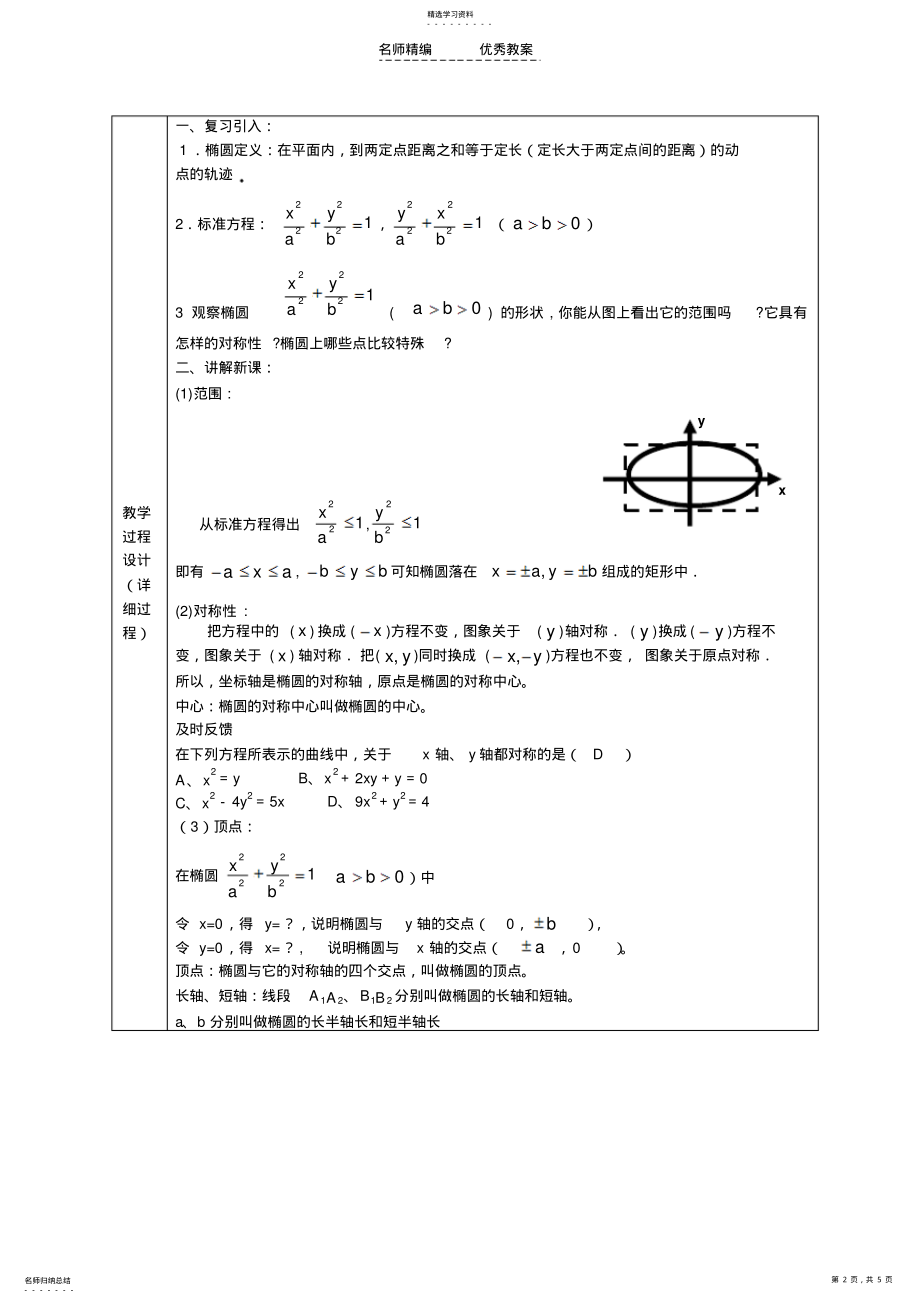 2022年椭圆几何性质课堂教学设计表 .pdf_第2页