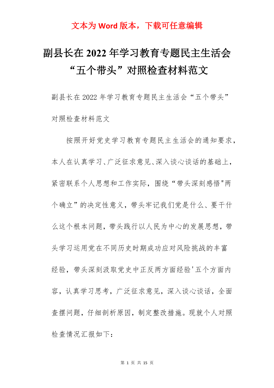 副县长在2022年学习教育专题民主生活会“五个带头”对照检查材料范文.docx_第1页