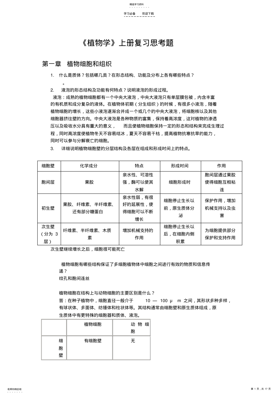 2022年植物学上册复习思考题整理笔记 .pdf_第1页