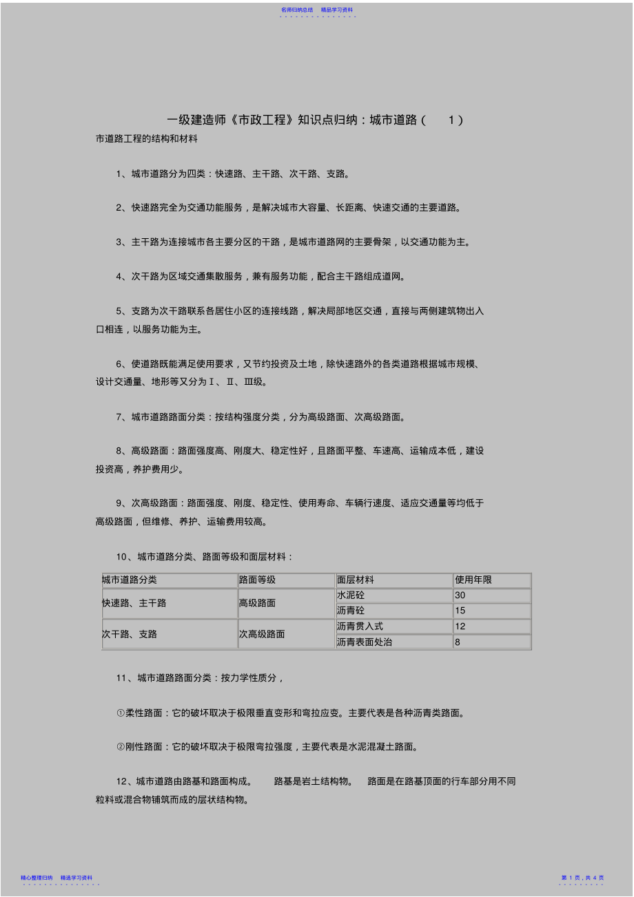 2022年一级建造师《市政工程》知识点归纳城市道路 .pdf_第1页