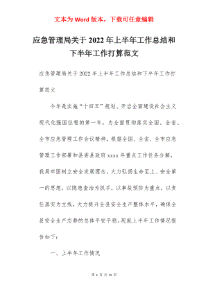 应急管理局关于2022年上半年工作总结和下半年工作打算范文.docx