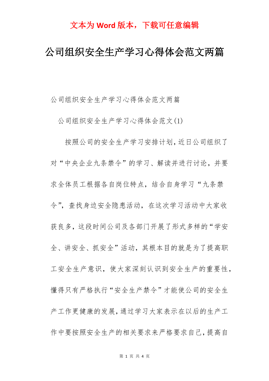 公司组织安全生产学习心得体会范文两篇.docx_第1页