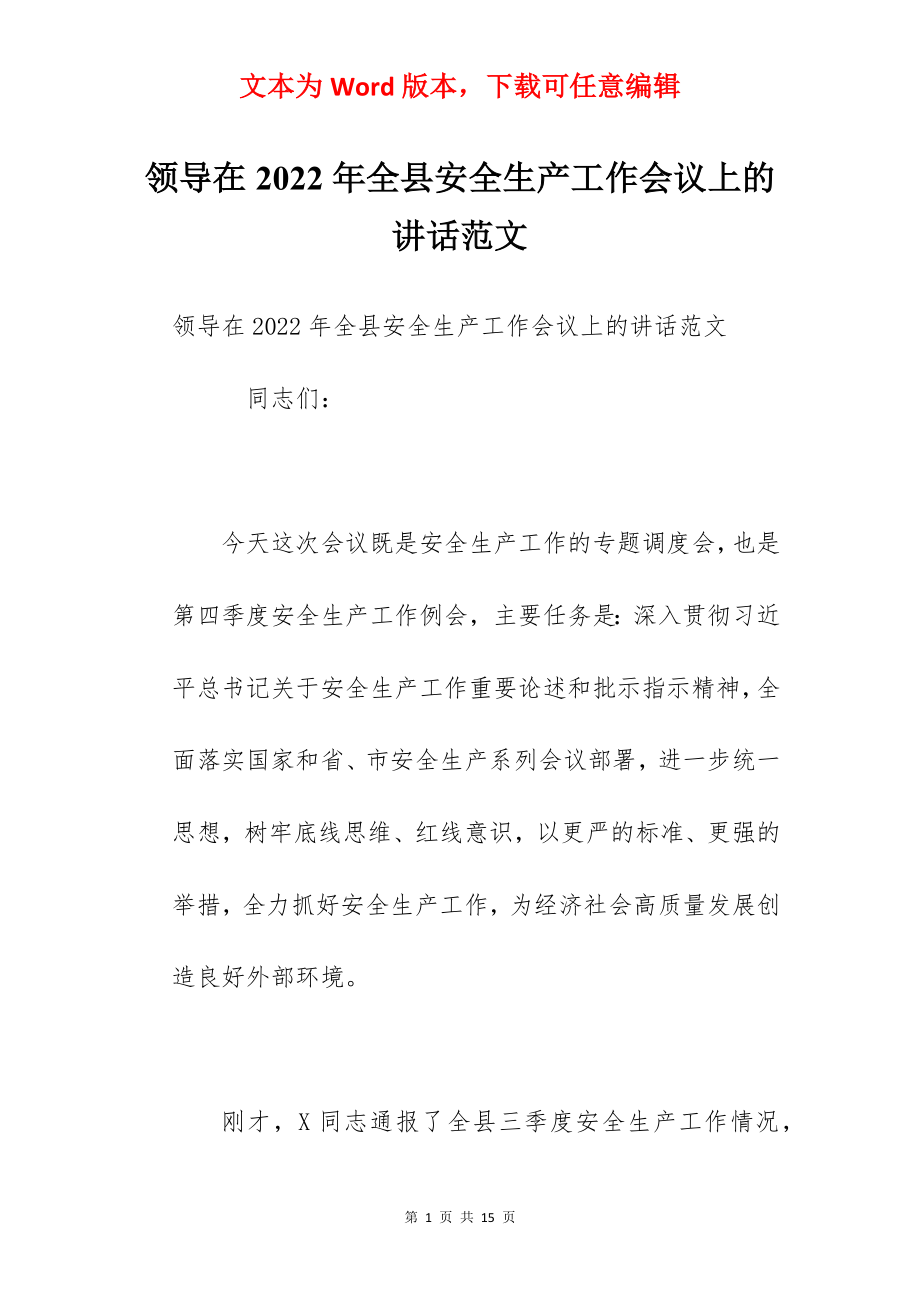 领导在2022年全县安全生产工作会议上的讲话范文.docx_第1页