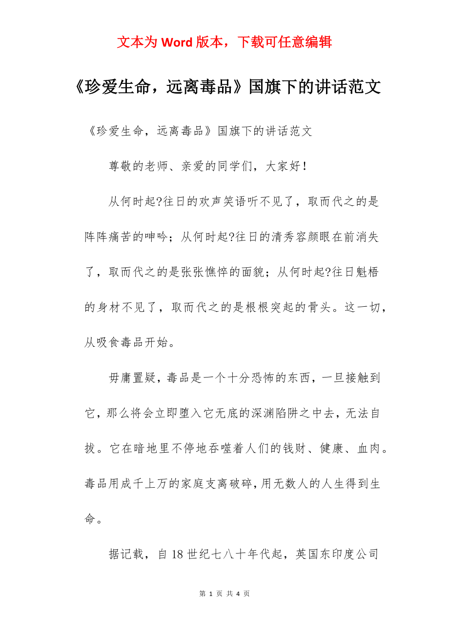 《珍爱生命远离毒品》国旗下的讲话范文.docx_第1页