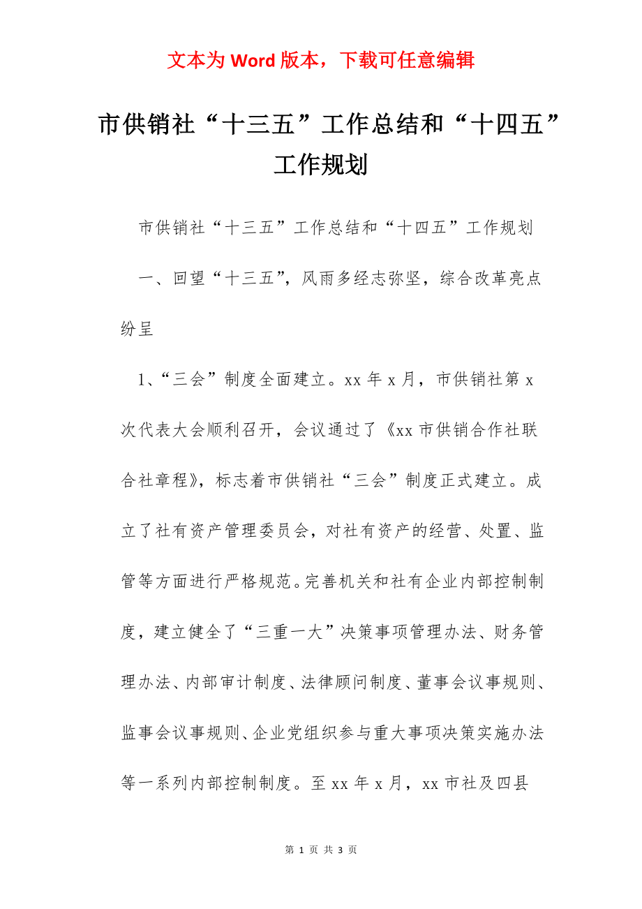 市供销社“十三五”工作总结和“十四五”工作规划.docx_第1页