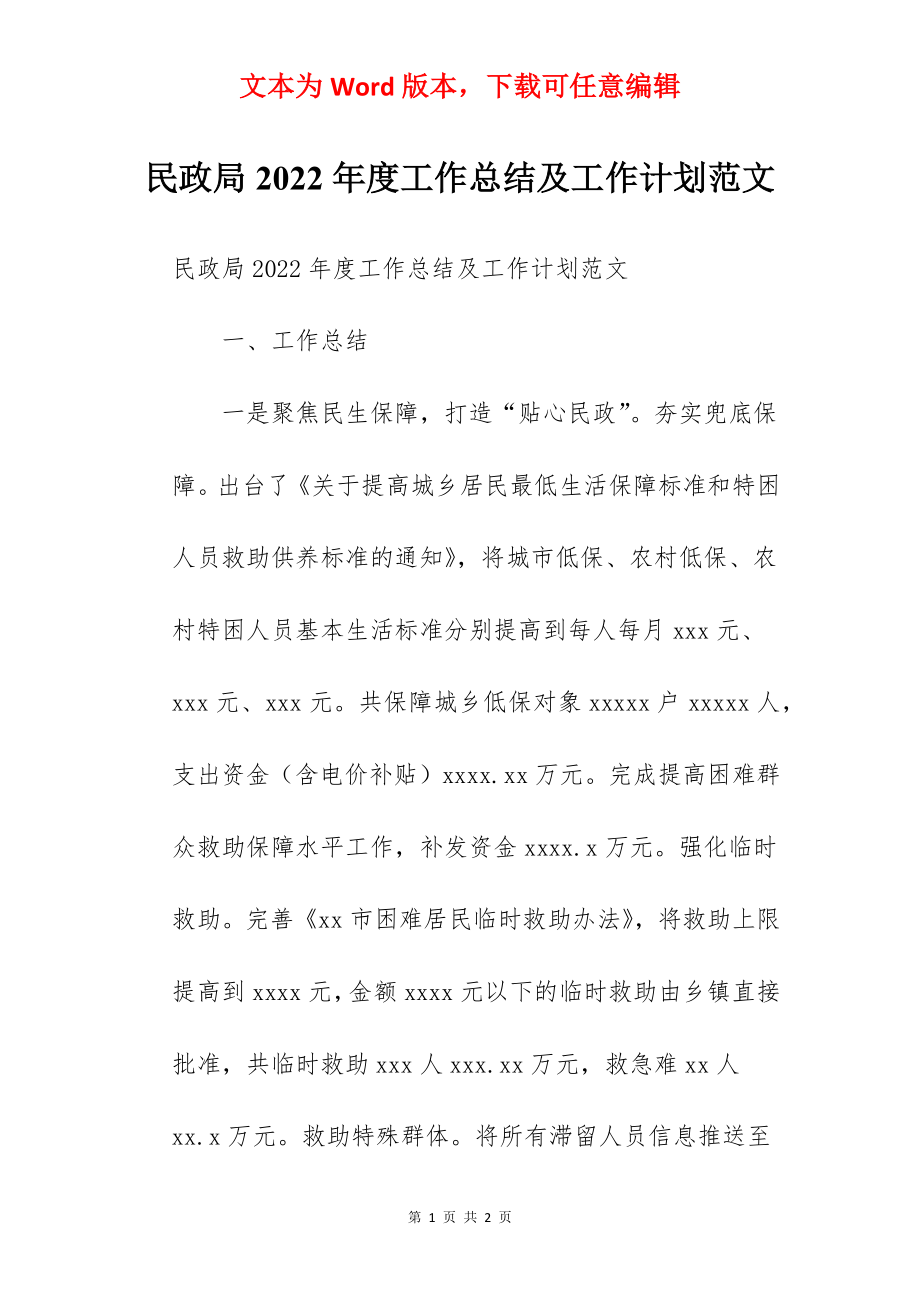 民政局2022年度工作总结及工作计划范文.docx_第1页