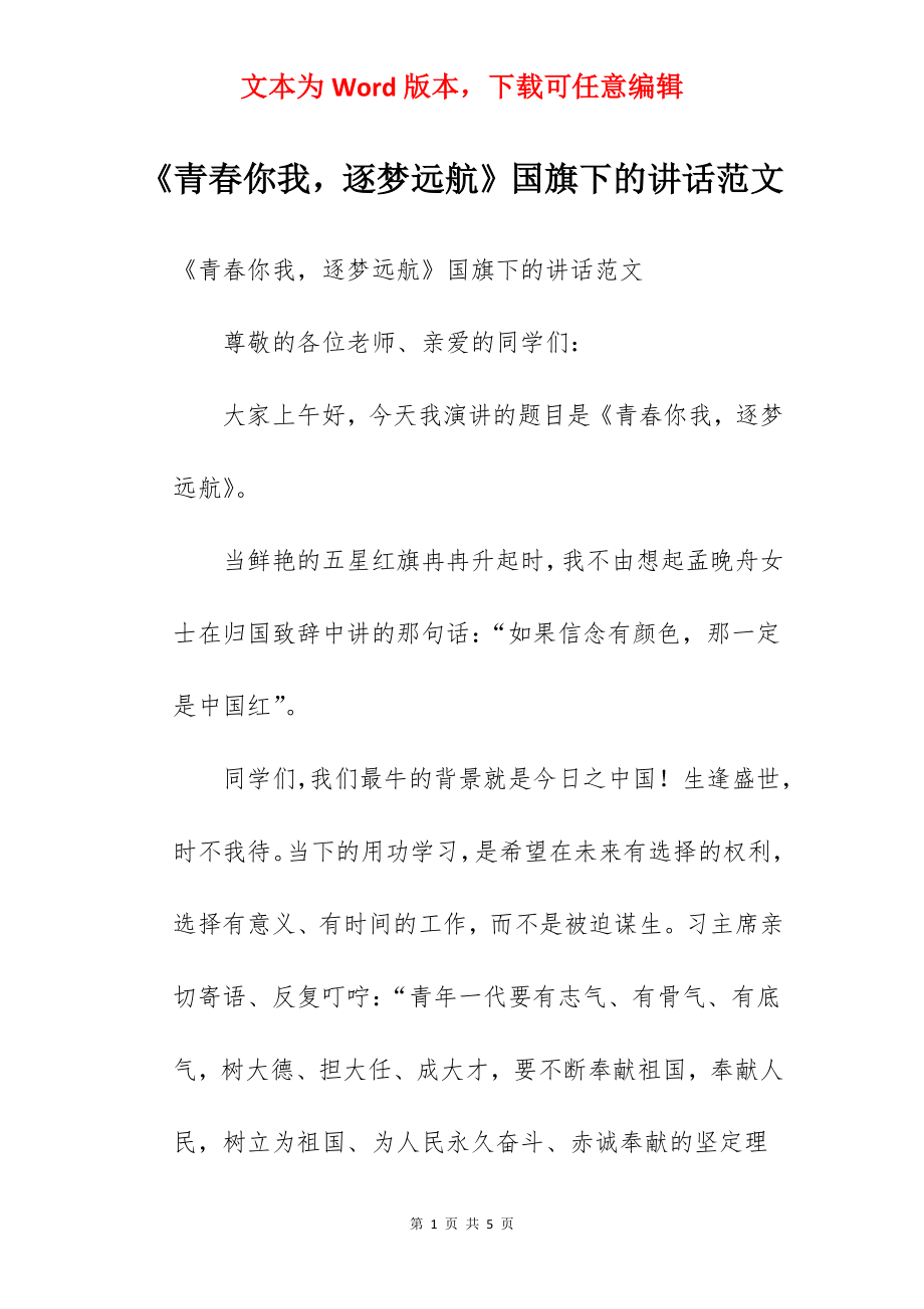 《青春你我逐梦远航》国旗下的讲话范文.docx_第1页