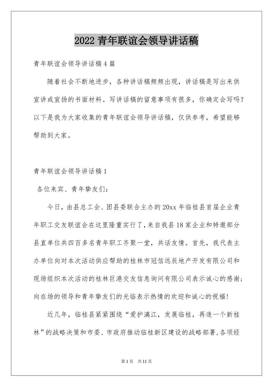 2022青年联谊会领导讲话稿.docx_第1页