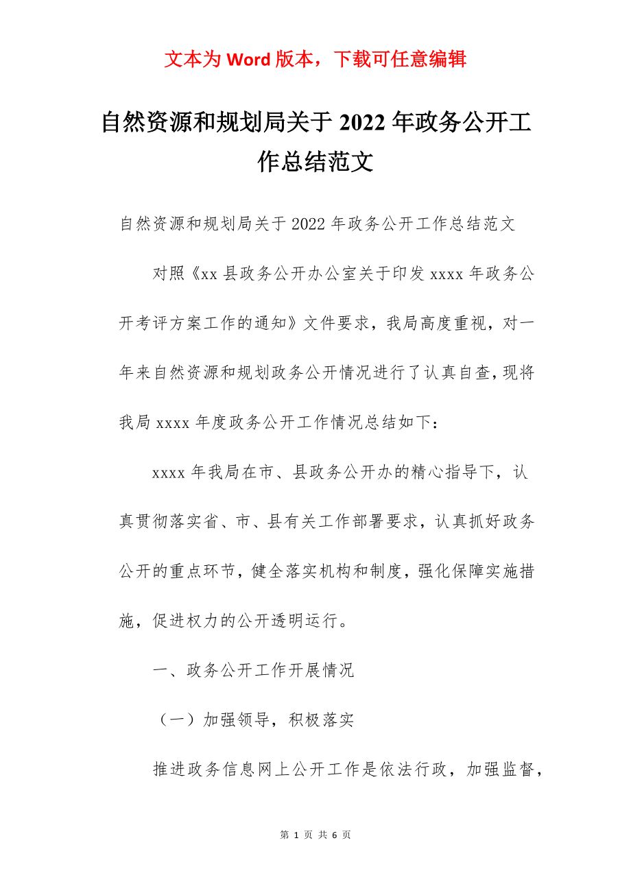 自然资源和规划局关于2022年政务公开工作总结范文.docx_第1页