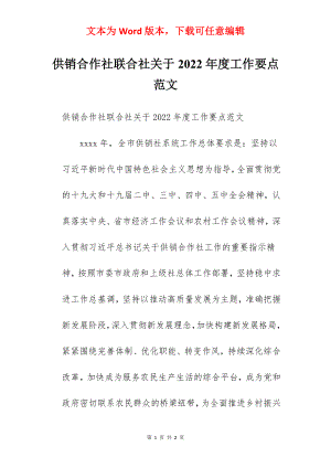 供销合作社联合社关于2022年度工作要点范文.docx