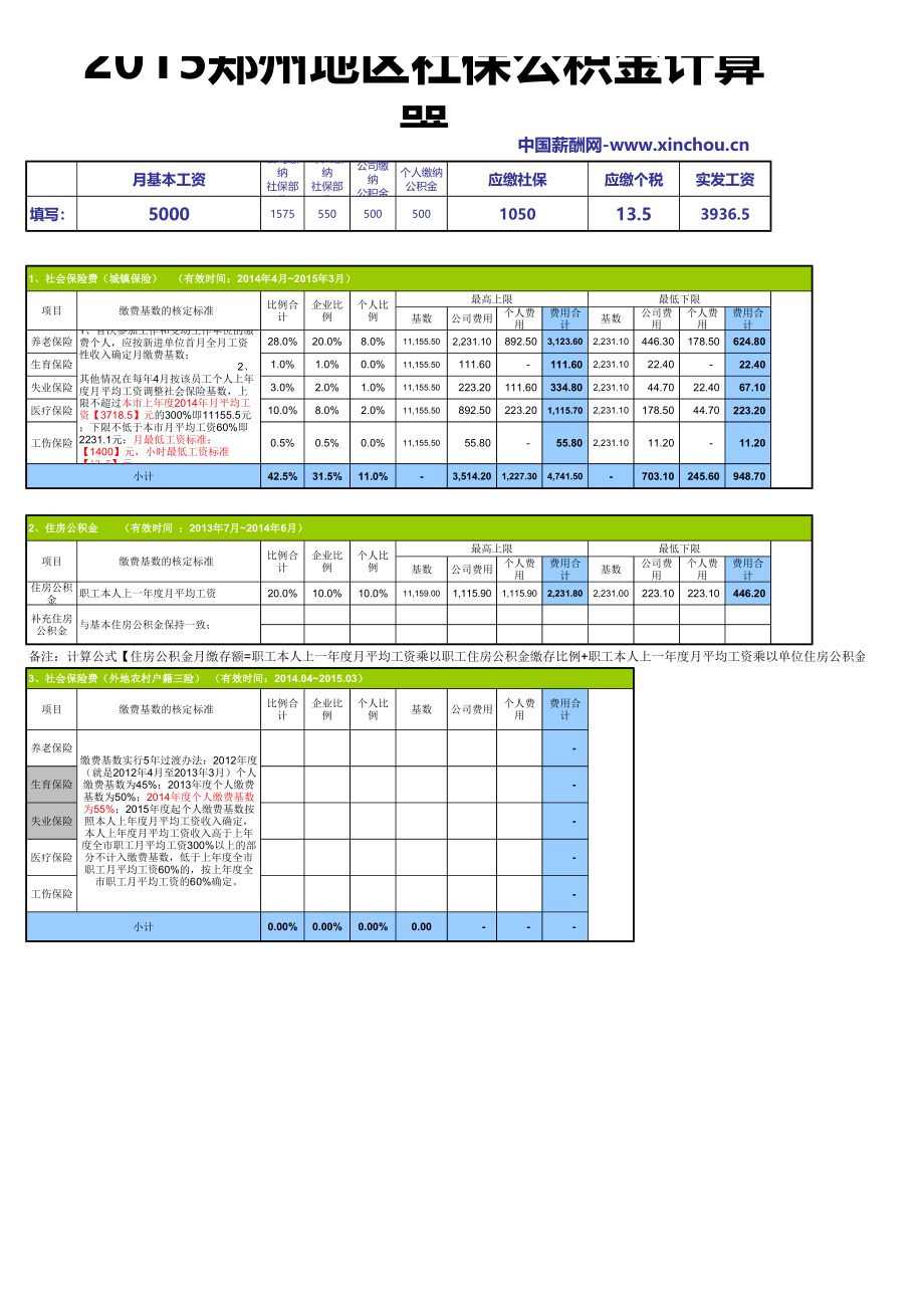 精选行业工作表格数据模板 郑州地区最新社保公积金计算器.pdf_第1页