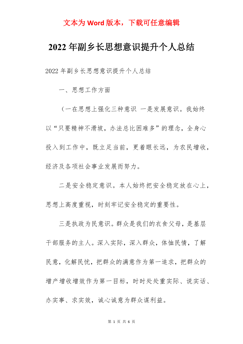 2022年副乡长思想意识提升个人总结.docx_第1页