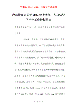 应急管理局关于2022年上半年工作总结暨下半年工作计划范文.docx