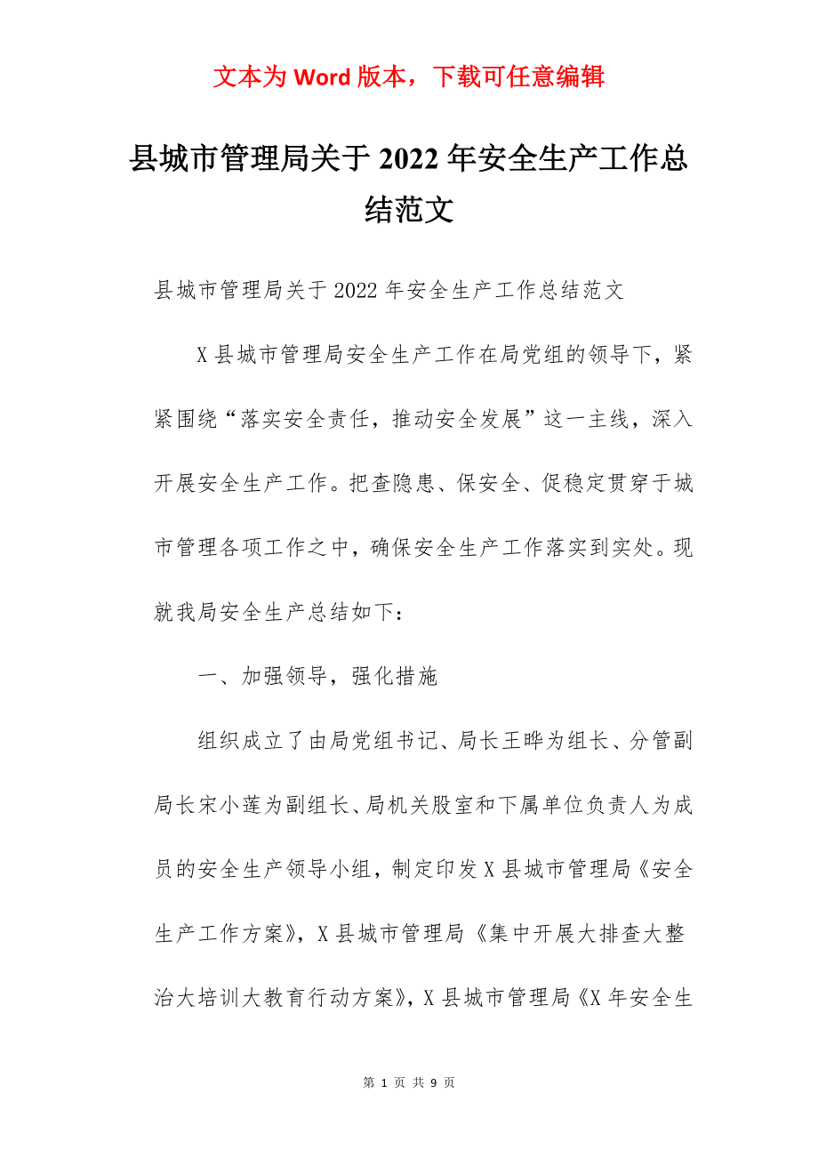 县城市管理局关于2022年安全生产工作总结范文.docx_第1页