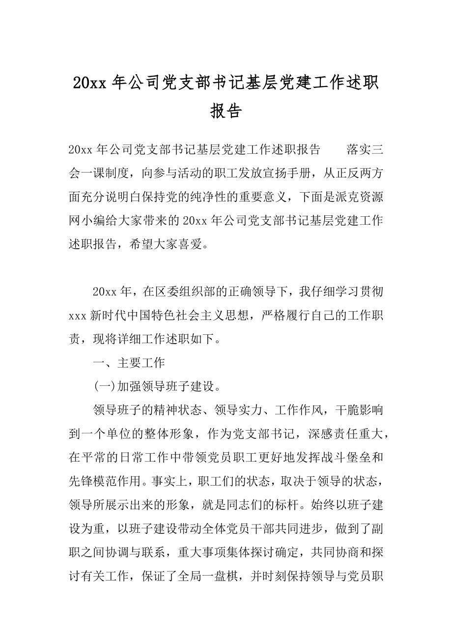 20xx年公司党支部书记基层党建工作述职报告.docx_第1页