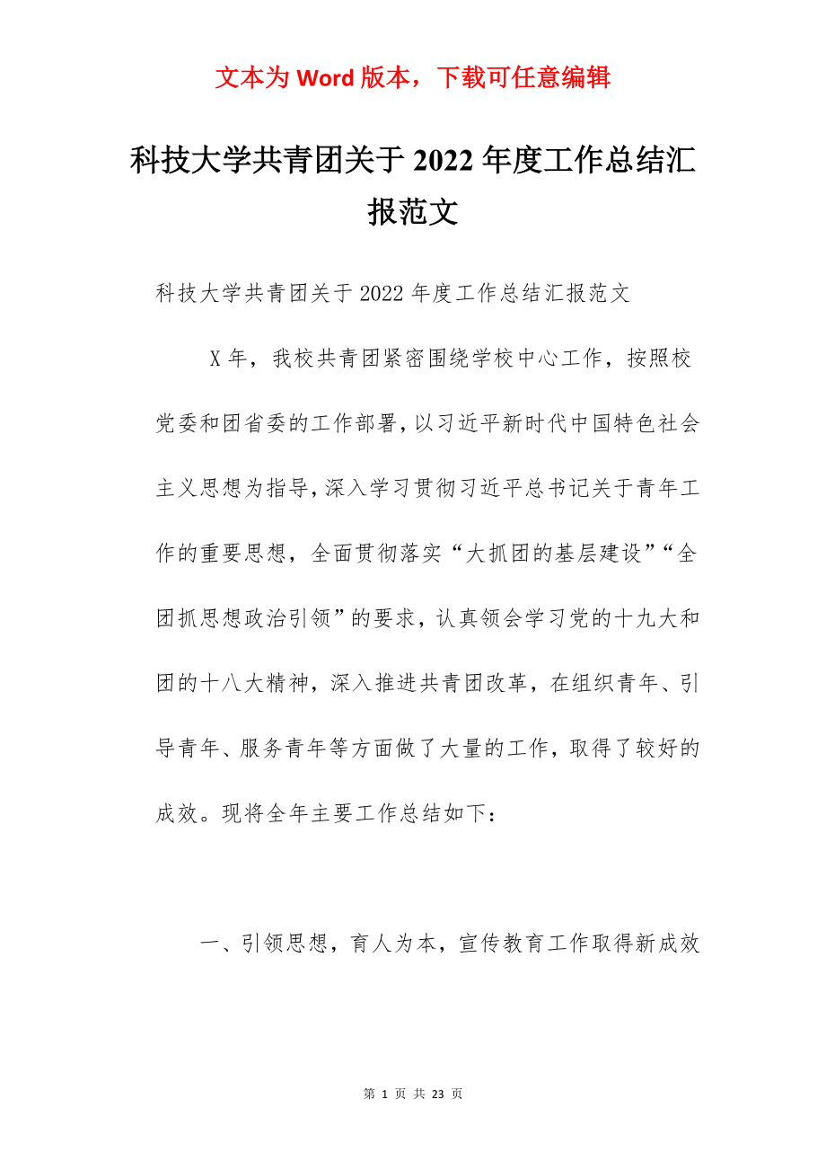 科技大学共青团关于2022年度工作总结汇报范文.docx_第1页