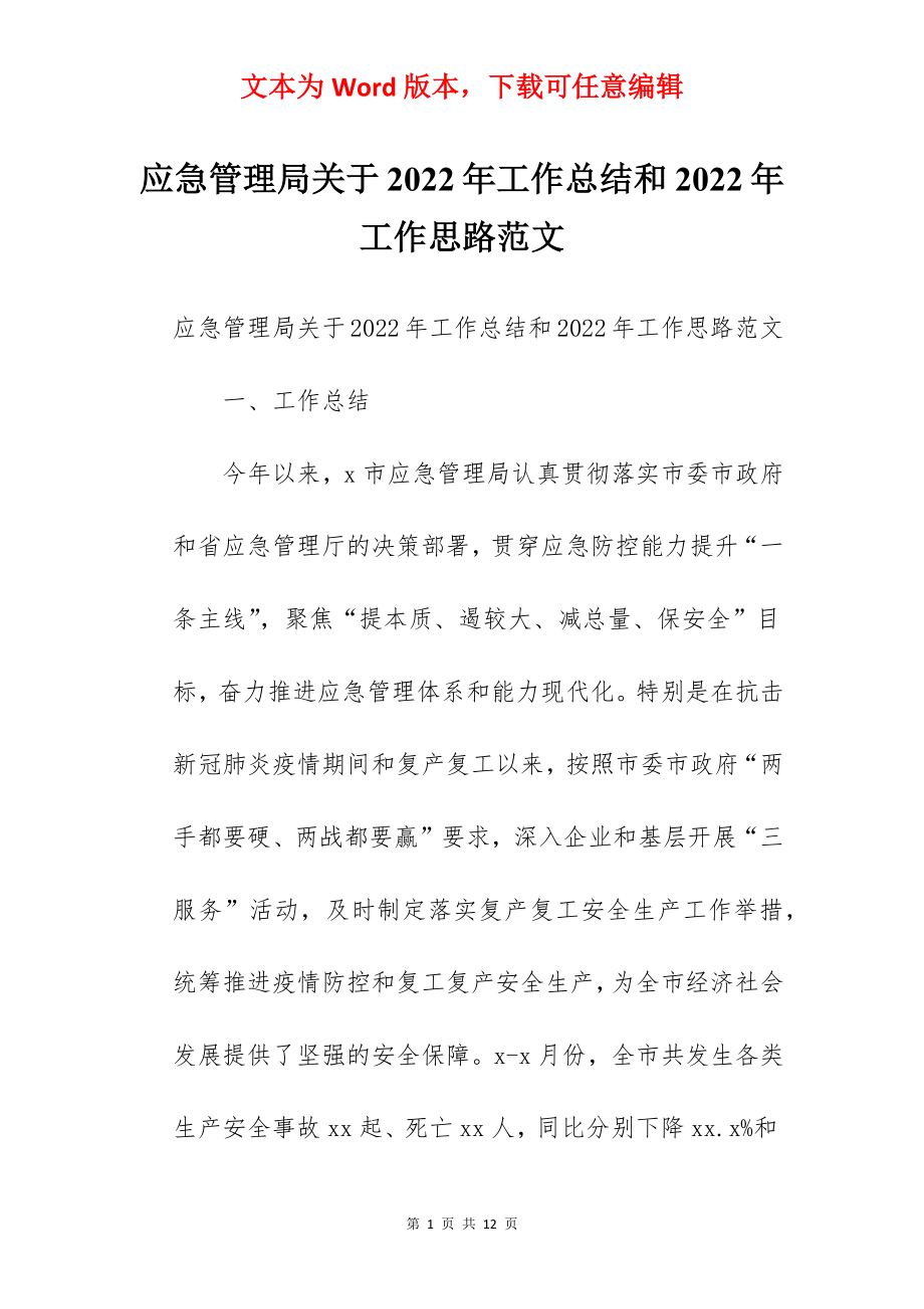 应急管理局关于2022年工作总结和2022年工作思路范文.docx_第1页