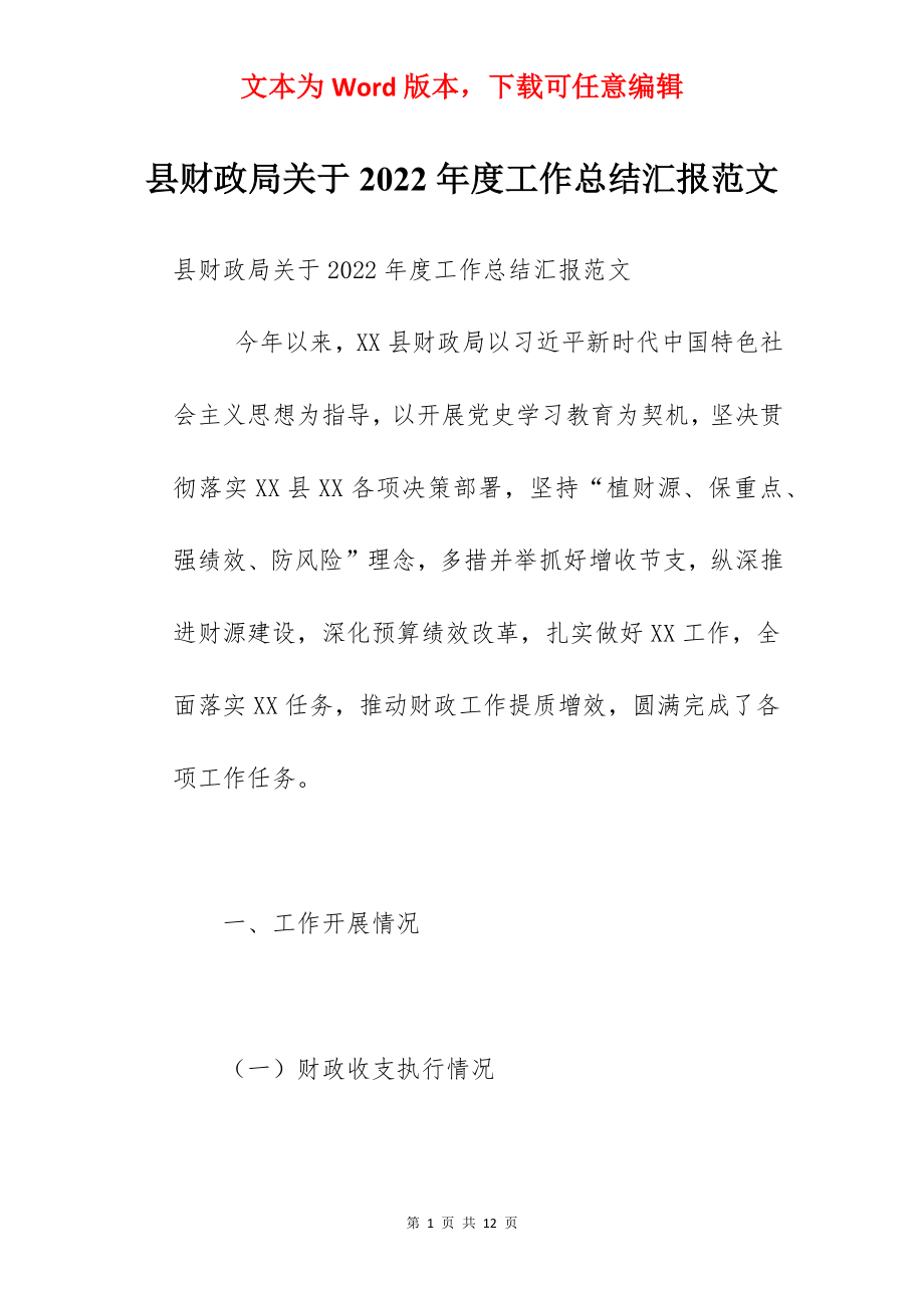 县财政局关于2022年度工作总结汇报范文.docx_第1页