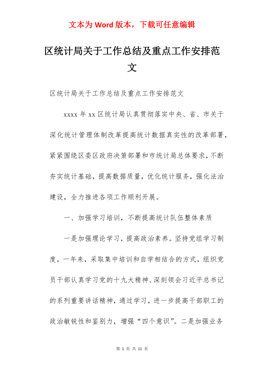 区统计局关于工作总结及重点工作安排范文.docx_第1页